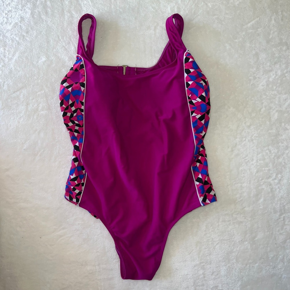 Catalina Womens 1X 16W Magenta Geometric Mosaic One Piece Swimsuit Padded Pink